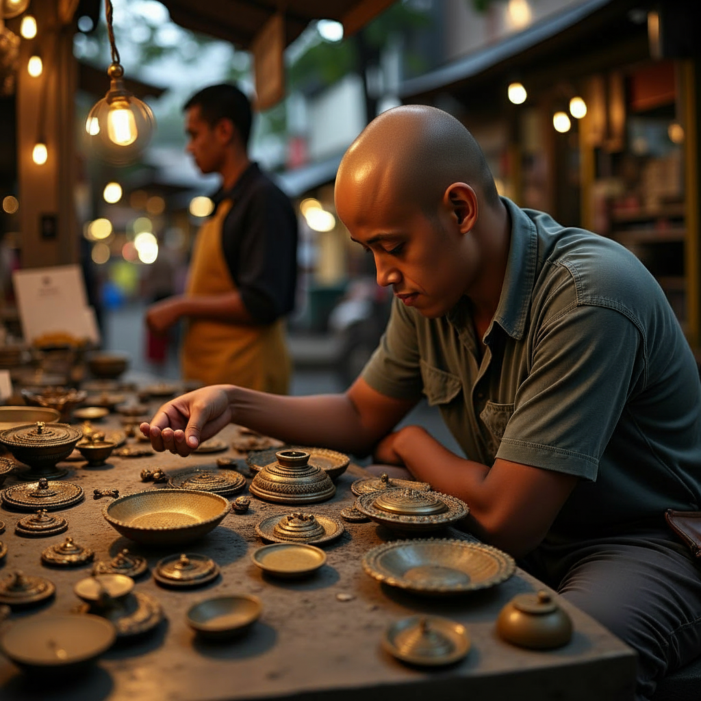 Edwin discovering the mysterious amulet at the antique stall