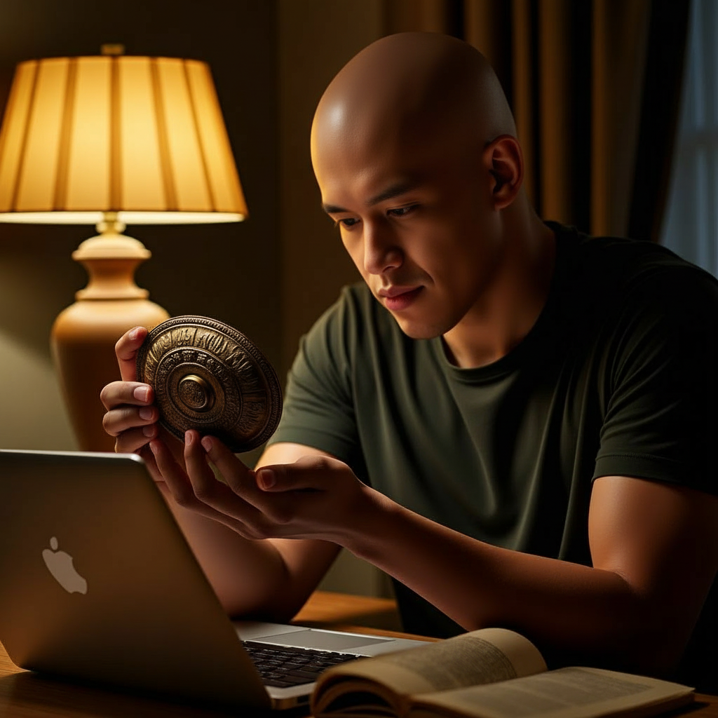 Edwin examining the mysterious amulet at his desk