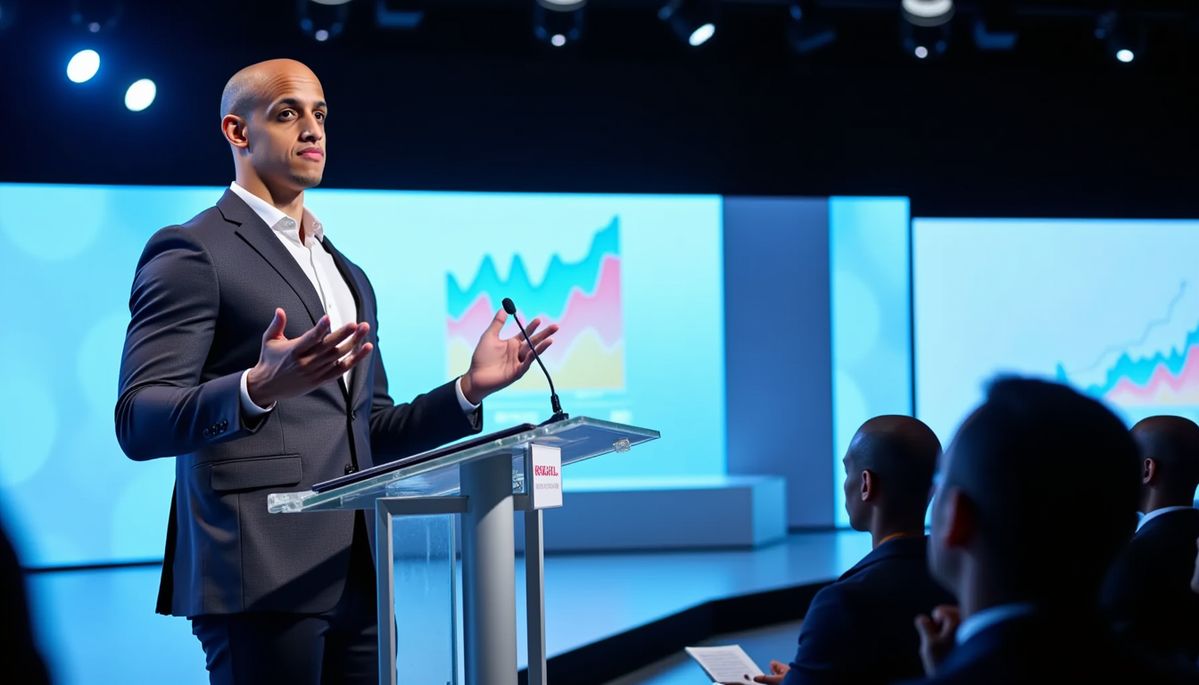 Realistic corporate press conference - CEO presenting quarterly results