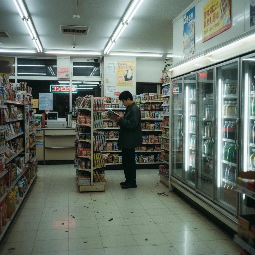 KOZU inside 7-Eleven convenience store with neon lights and retro product packaging
