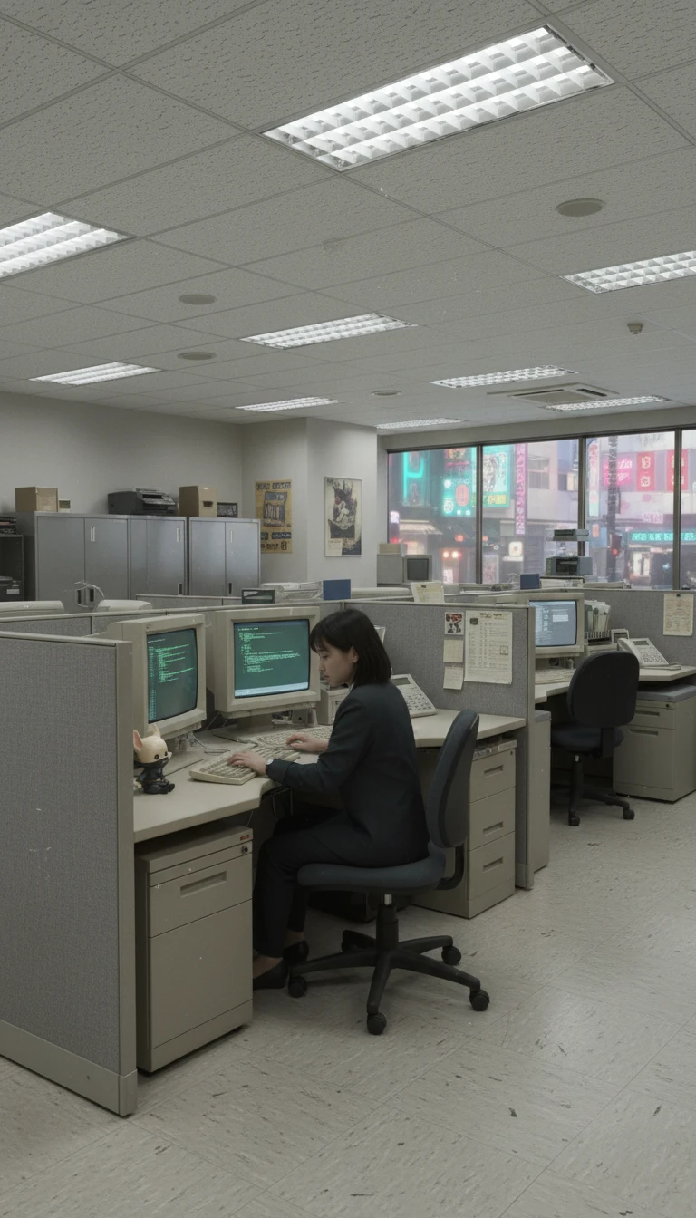 KOZU in 1999 Neo-Tokyo corporate office with CRT monitors and beige cubicles