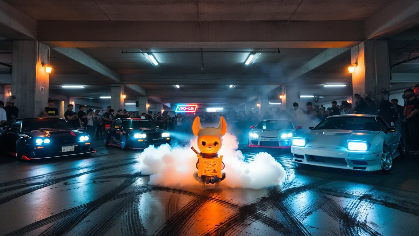 KOZU in Neo-Tokyo underground parking garage with fluorescent lights