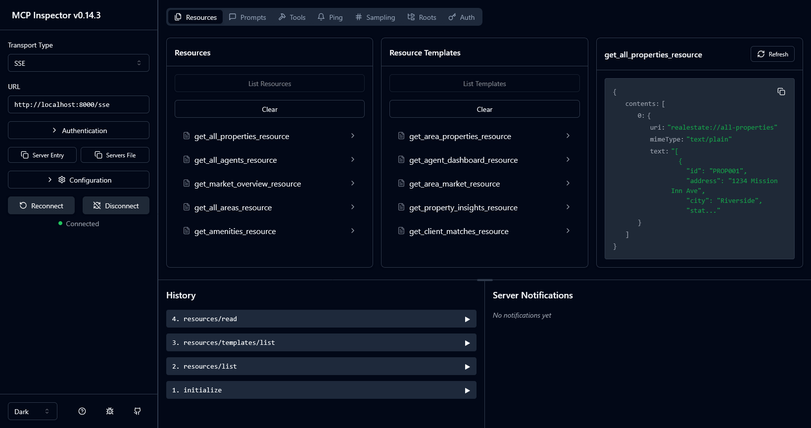MCP Inspector Resources View