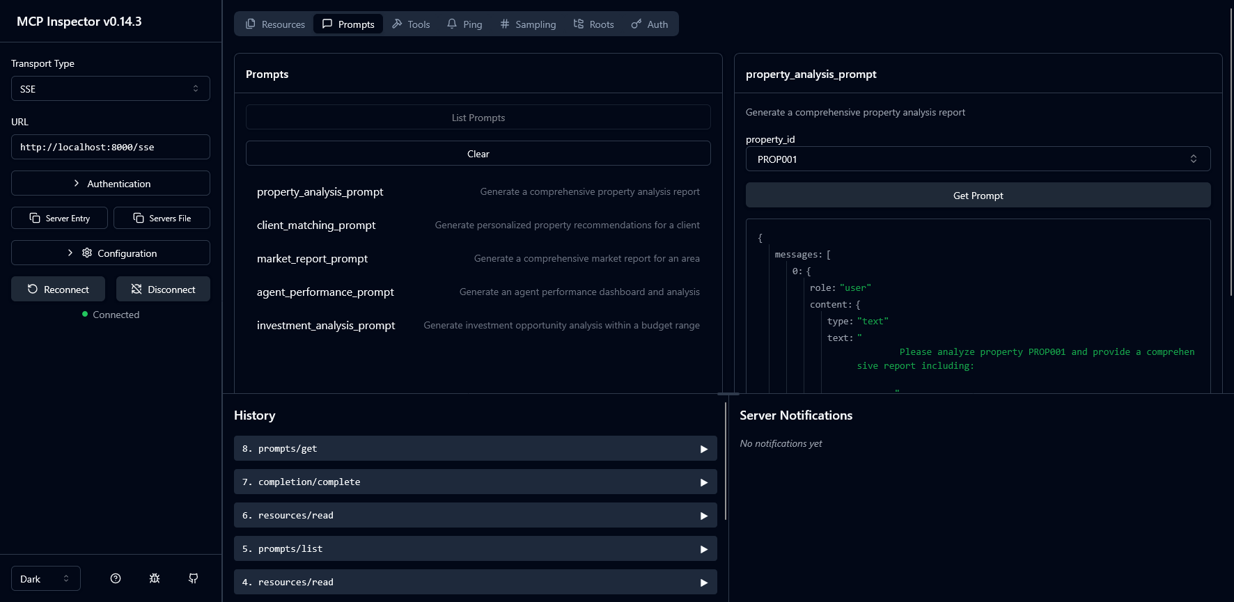 MCP Inspector Prompts View