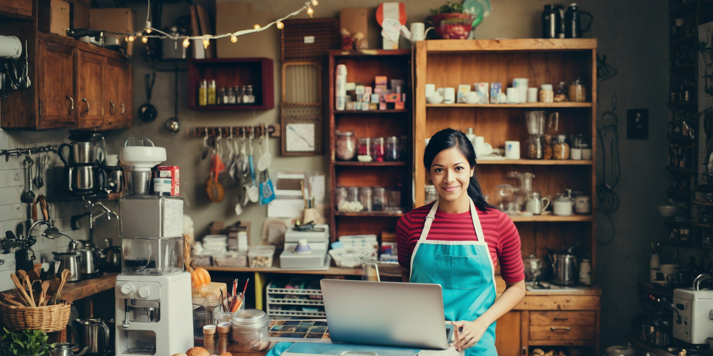 Modern shopkeeper with laptop